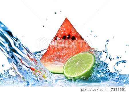 watermelon with lime and water splash isolated on white watermelon with lime and water splash isolated on white 7358661
