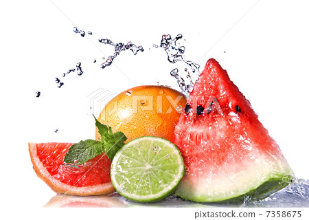 Water splash on fresh fruits isolated on white Water splash on fresh fruits isolated on white 7358675
