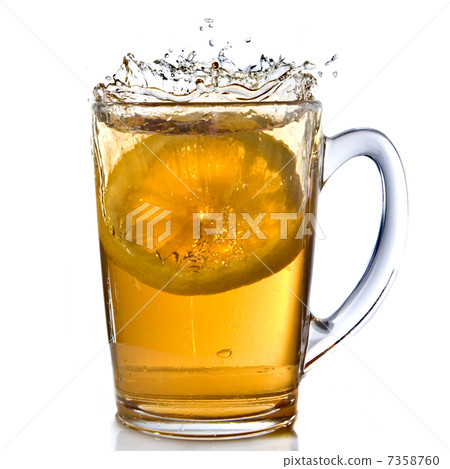 lemon dropped into tea cup with splash isolated on white lemon dropped into tea cup with splash isolated on white 7358760