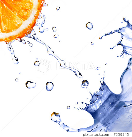 fresh water splash and drops on orange isolated on white fresh water splash and drops on orange isolated on white 7359345