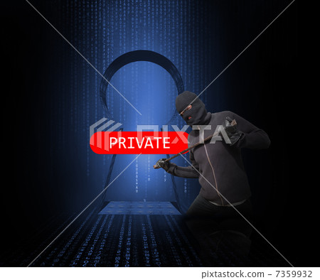 Doorway blocked by red private sign with burglar Doorway blocked by red private sign with burglar 7359932