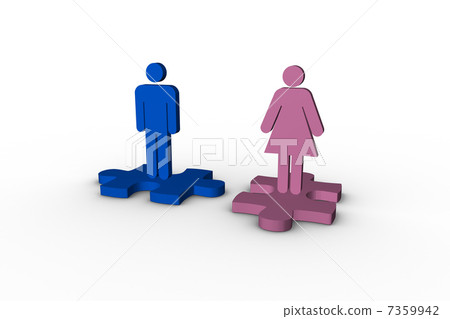 Blue and pink human figures over jigsaw pieces separated Blue and pink human figures over jigsaw pieces separated 7359942