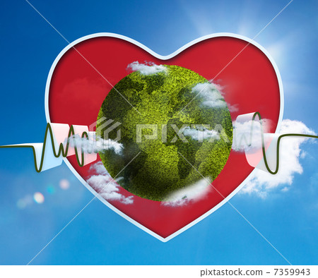 Green and white waveform with green earth and red heart Green and white waveform with green earth and red heart 7359943
