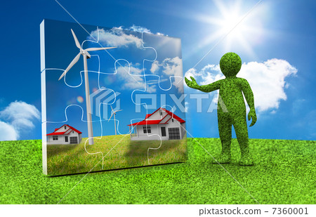 Green character presenting a jigsaw with houses and wind turbine Green character presenting a jigsaw with houses and wind turbine 7360001