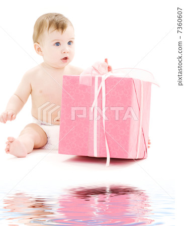 baby boy in diaper with big gift box 7360607