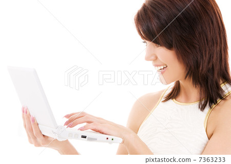 happy woman with laptop computer 7363233