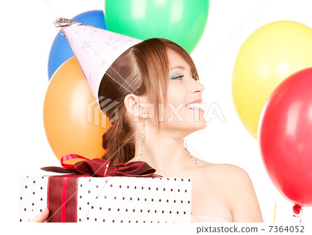 party girl with balloons and gift box 7364052