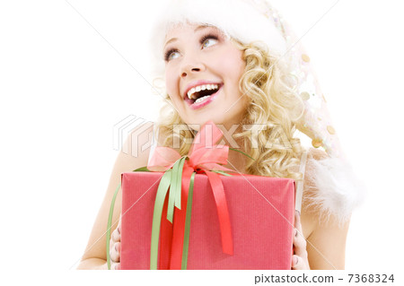 cheerful santa helper girl with gift box 7368324