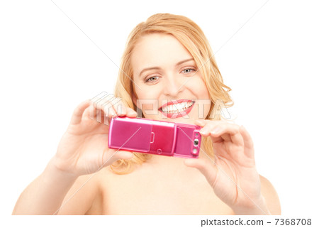 happy woman using phone camera 7368708