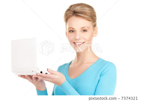 happy woman with laptop computer 7374321