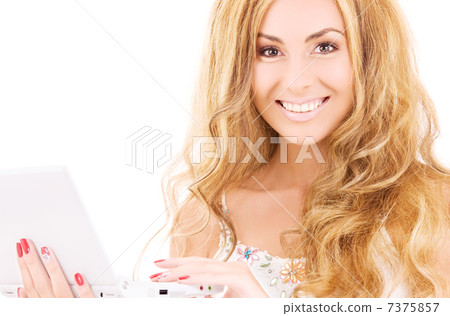 happy woman with laptop computer 7375857