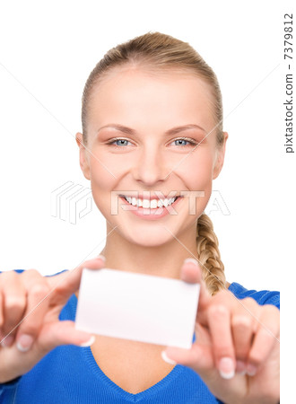 happy woman with business card happy woman with business card 7379812