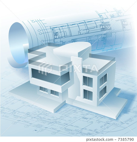 Architectural background with a 3D building model and rolls of drawings Architectural background with a 3D building model and rolls of drawings 7385790