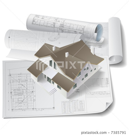 Architectural background with a 3D building model and rolls of drawings 7385791