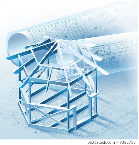 Architectural background with a 3D building model and rolls of drawings Architectural background with a 3D building model and rolls of drawings 7385793