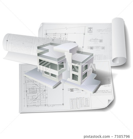 Architectural background with a 3D building model and rolls of drawings Architectural background with a 3D building model and rolls of drawings 7385796