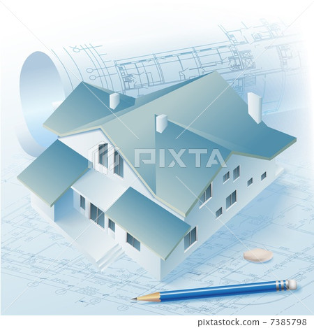 Architectural background with a 3D building model and rolls of drawings Architectural background with a 3D building model and rolls of drawings 7385798