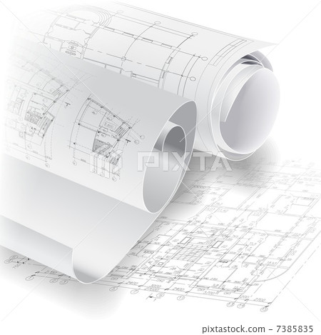 Architectural background with rolls of drawings. Part of architectural project, architectural plan 7385835