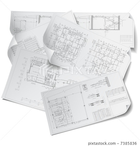 Architectural background with rolls of drawings. Part of architectural project, architectural plan 7385836