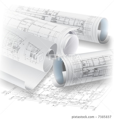 Architectural background with rolls of drawings. Part of architectural project, architectural plan 7385837
