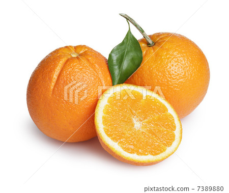 ripe round oranges with half, stem and leaf ripe round oranges with half, stem and leaf 7389880