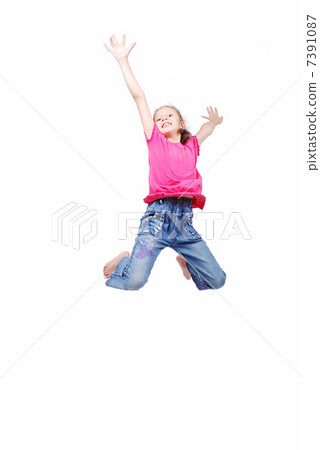 Happy cute girl in white clothes is jumping isolated 7391087