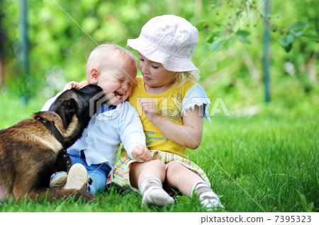children and dog children and dog 7395323