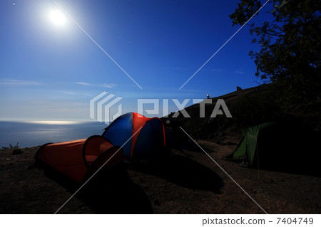Tourist tent at the seaside. Moon Night. Mountain Meganom, Crime 7404749