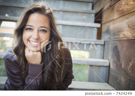 Mixed Race Young Adult Woman Portrait on Staircase 7424249
