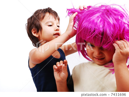 Two cute kids with pink hair and facial gesture Two cute kids with pink hair and facial gesture 7431696