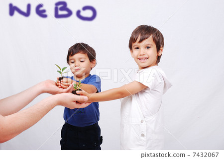 Little cute children holding green plant in hands 7432067