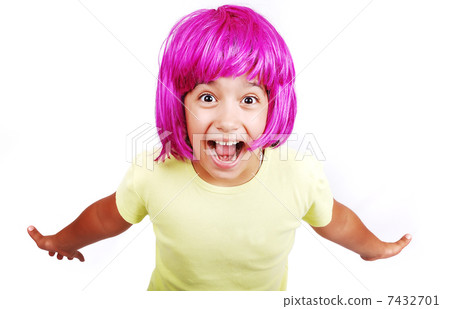 Adorable girl with pink hair and facial gesture 7432701