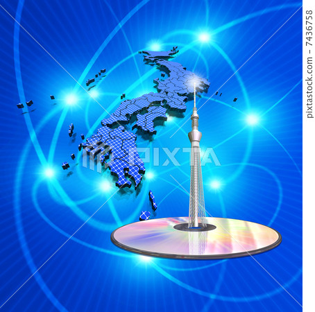 Sky tree standing on CD and Japanese archipelago solar panel 7436758