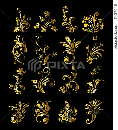 Floral Ornament Set of Vintage Golden Decoration Elements 7437046