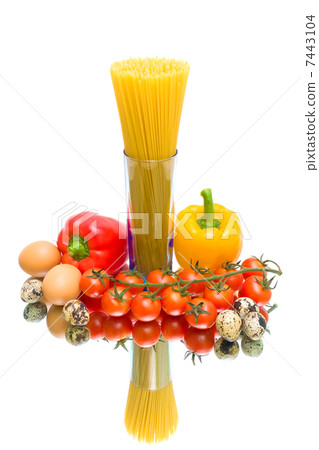pasta, fresh vegetables and eggs isolated on white background pasta, fresh vegetables and eggs isolated on white background 7443104