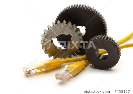 Steel cogwheels and ethernet cable 7458157