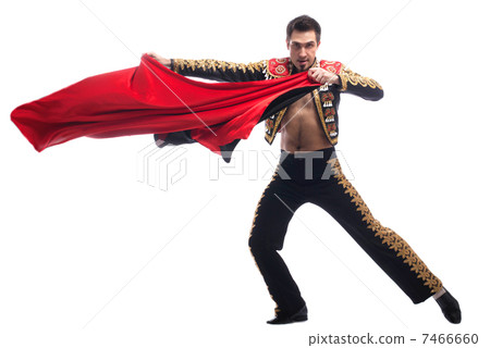 Handsome toreador in black costume with red cloth 7466660