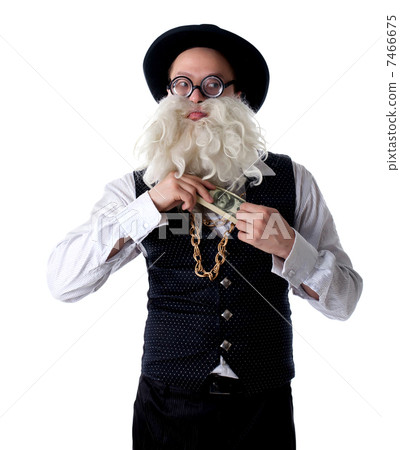 Funny old Jew with banknotes hide in suit isolated 7466675