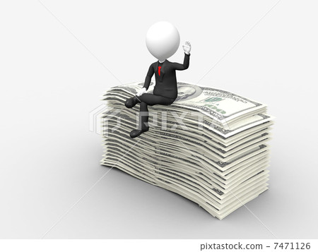 3d businessman sitting on top of stack of dollar with hand raise 3d businessman sitting on top of stack of dollar with hand raise 7471126