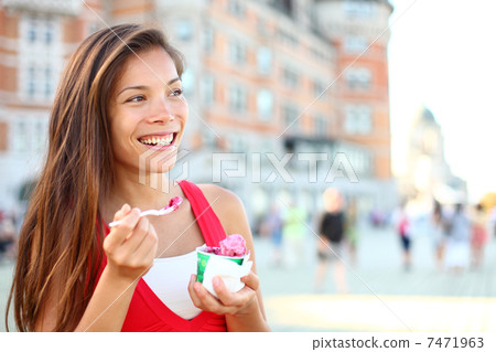 Happy tourist woman eating Ice cream in Quebec Happy tourist woman eating Ice cream in Quebec 7471963