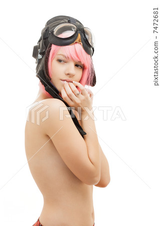 topless pink hair girl in aviator helmet 7472681