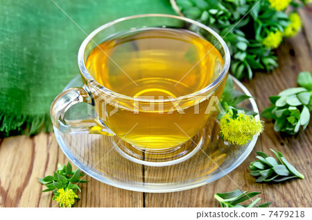 Herbal tea in a glass cup with Rhodiola rosea on the board 7479218