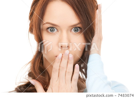 woman with hand over mouth woman with hand over mouth 7483074