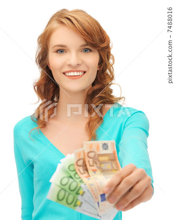 happy teenage girl with euro cash money 7488016