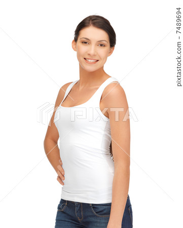 smiling woman in blank white t-shirt 7489694