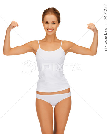 woman in cotton undrewear flexing her biceps woman in cotton undrewear flexing her biceps 7494232