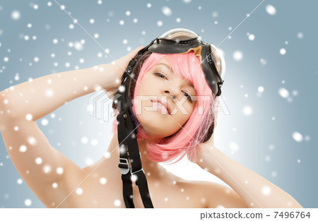 pink hair girl in aviator helmet with snow pink hair girl in aviator helmet with snow 7496764