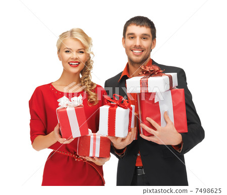 man and woman with gift boxes man and woman with gift boxes 7498625