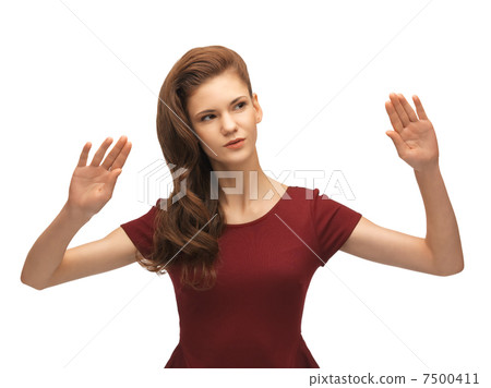 girl in red dress working with something imaginary girl in red dress working with something imaginary 7500411