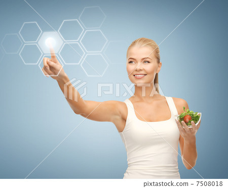 woman with salad and virtual screen woman with salad and virtual screen 7508018